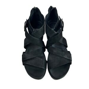 Eileen Fisher Minimalist Goth Leather Platform Wedge Sandals 6.5 Black Back Zip